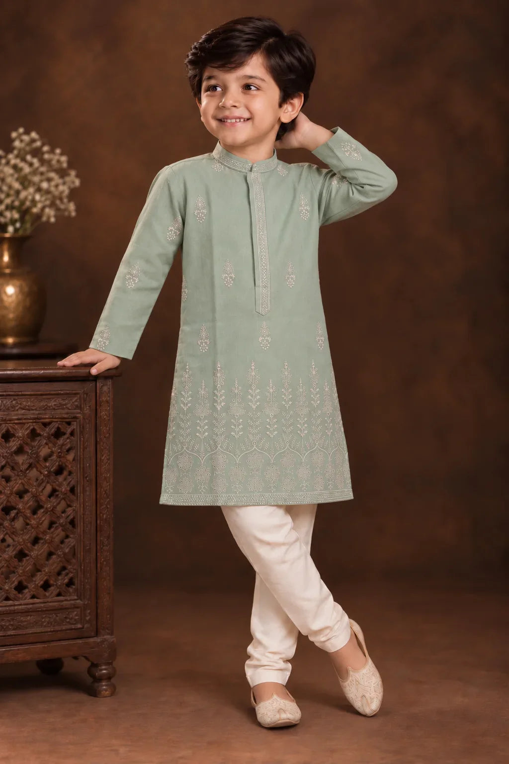 Pastel Sage Green Kurta With Tonal Embroidery And Off-white Pyjama