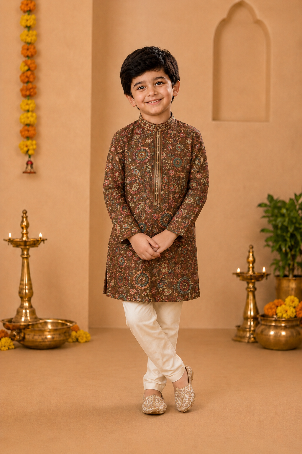 Chocolate Brown Printed Kurta With Off-white Pyjama