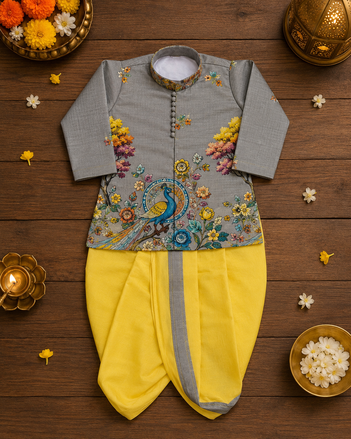 Grey Printed Kurta With Yellow Dhoti