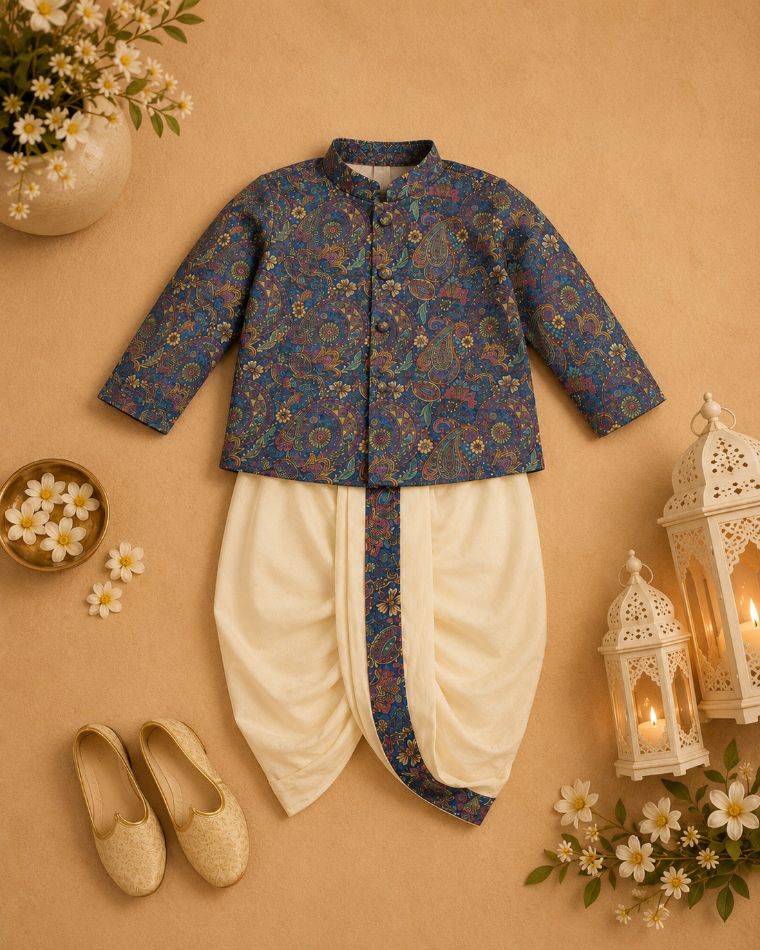 Blue Paisley Printed Kurta With Off-white Dhoti