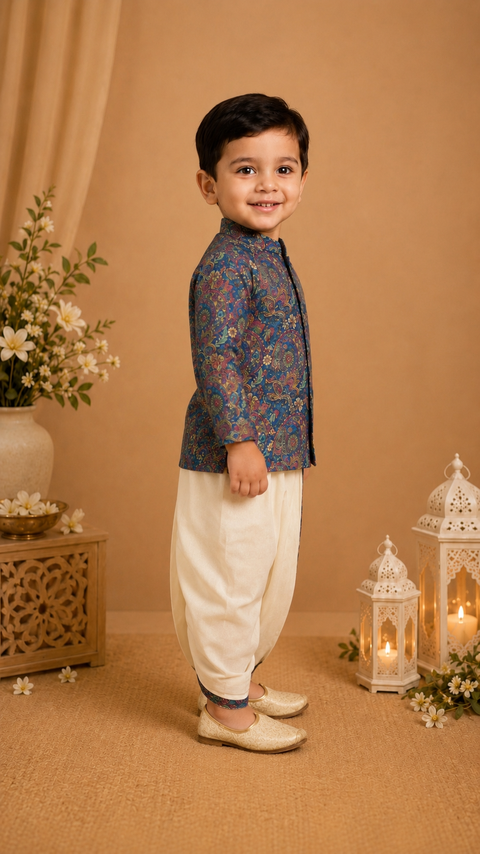 Blue Paisley Printed Kurta With Off-white Dhoti