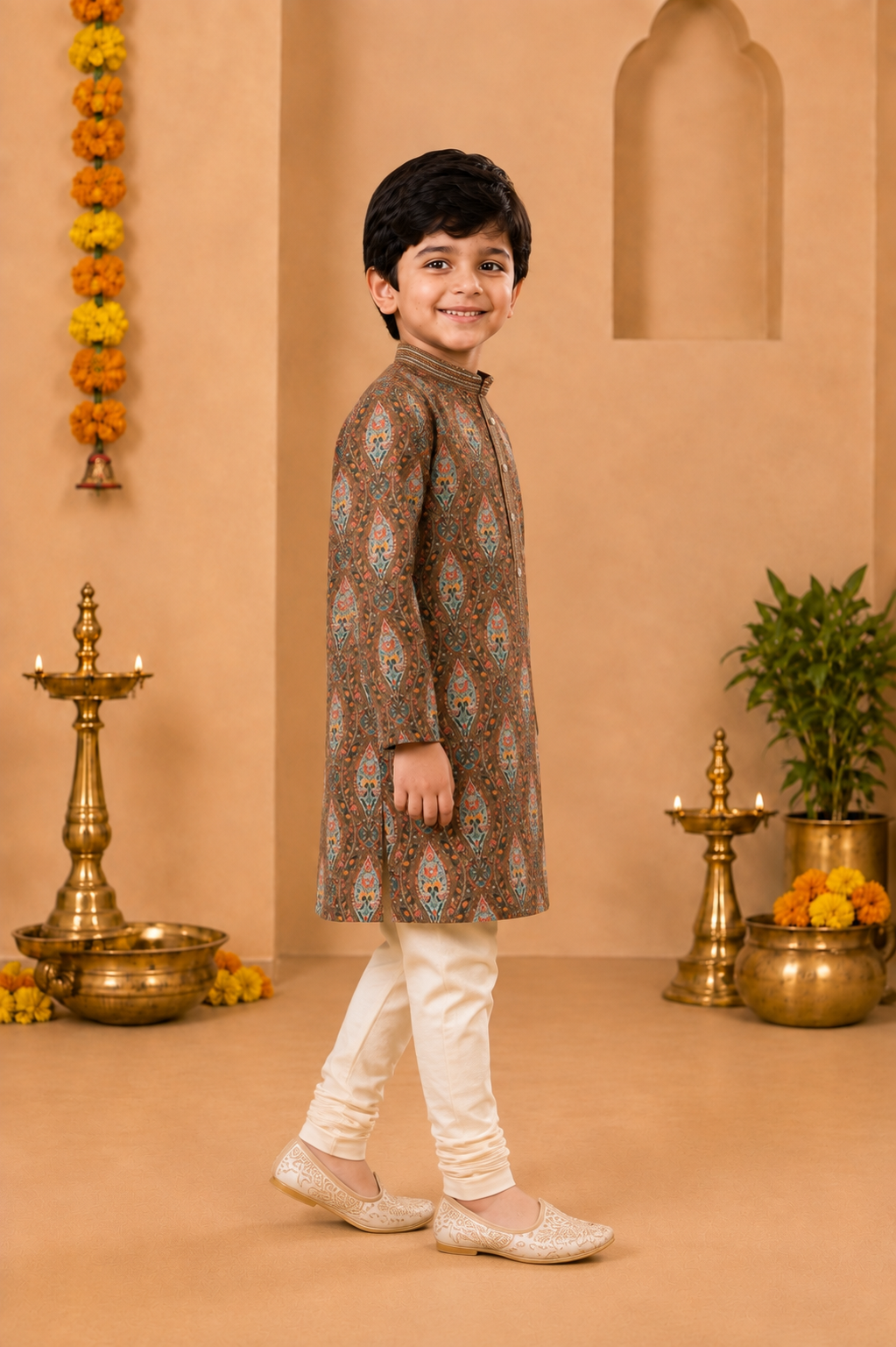 Vintage Brown Printed Kurta With Off-white Pyjama