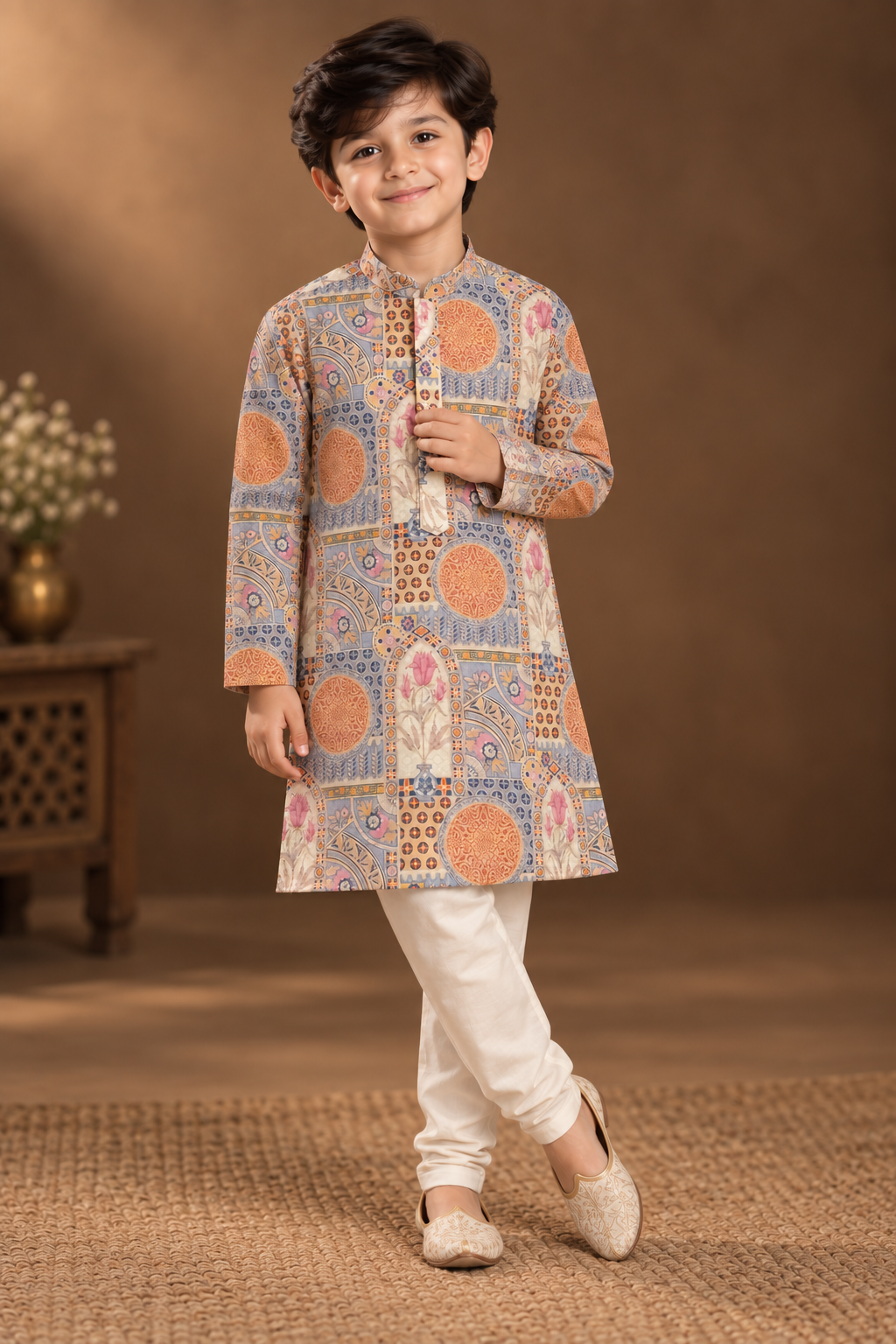 Dusty Blue And Peach Printed Kurta With Off-white Pyjama