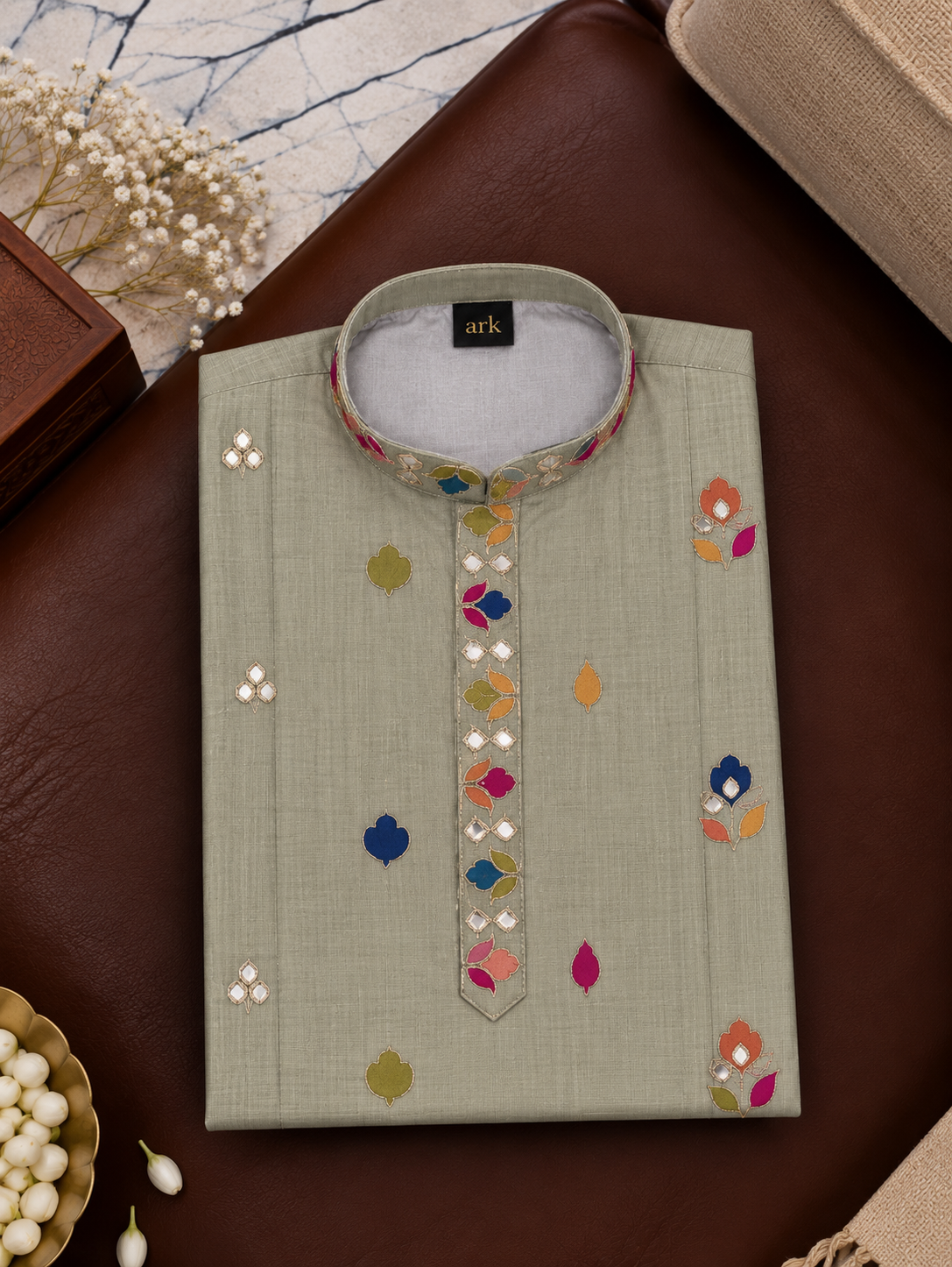 Sage Green Kurta With Vibrant Multicolour Floral Embroidery And Off-white Pyjama