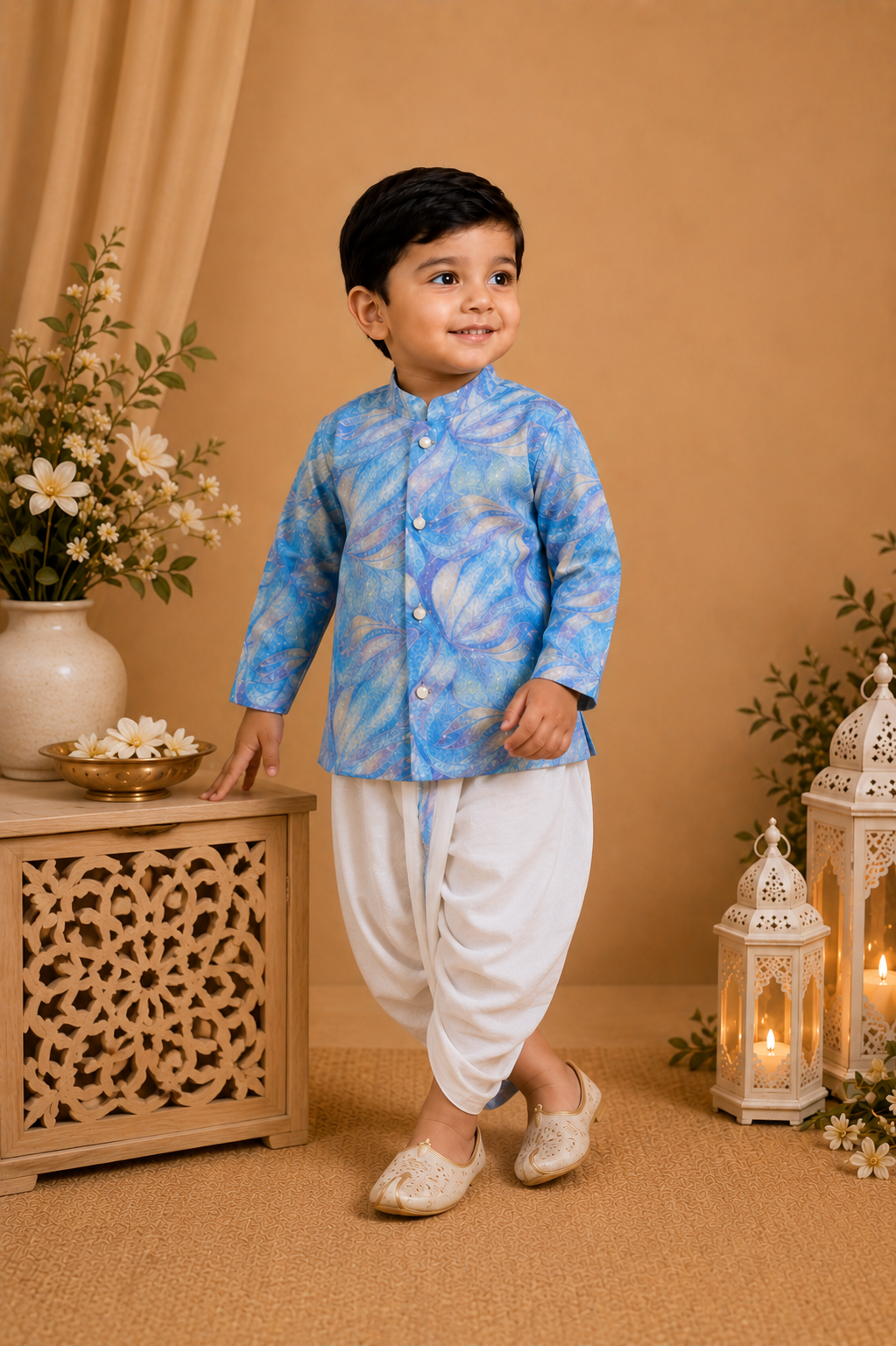 Sky Blue Printed Kurta With Off-white Dhoti