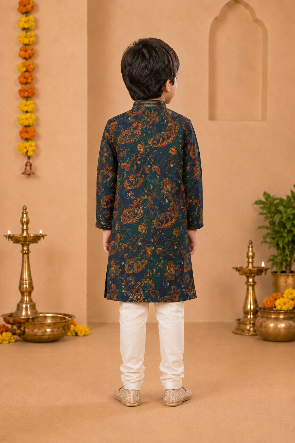 Teal Green Printed Kurta With Vibrant Paisley Motifs And Off-white Pyjama