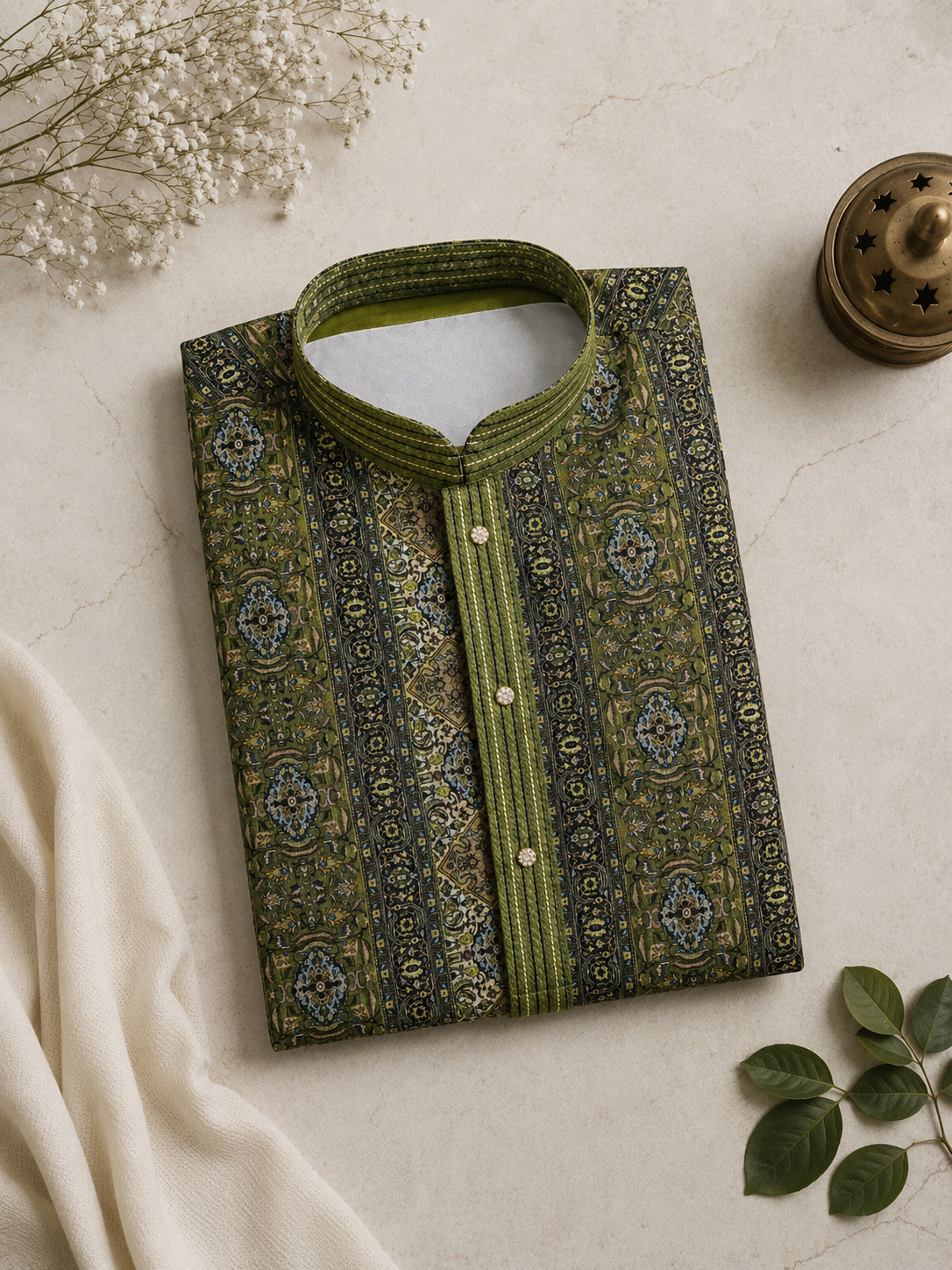 Olive Printed Kurta With Off-white Pyjama