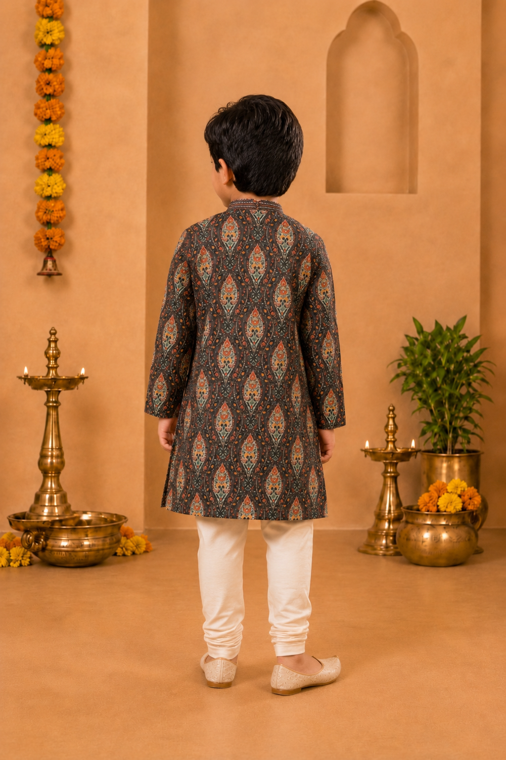 Charcoal Grey Printed Kurta With Off-white Pyjama