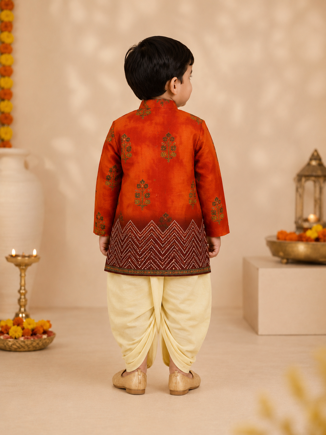 Vermilion Printed Kurta With Butter Yellow Dhoti