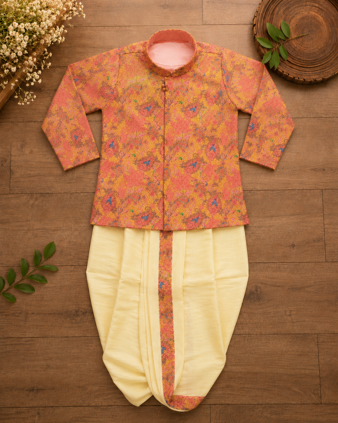 Orange Printed Kurta With Butter Yellow Dhoti
