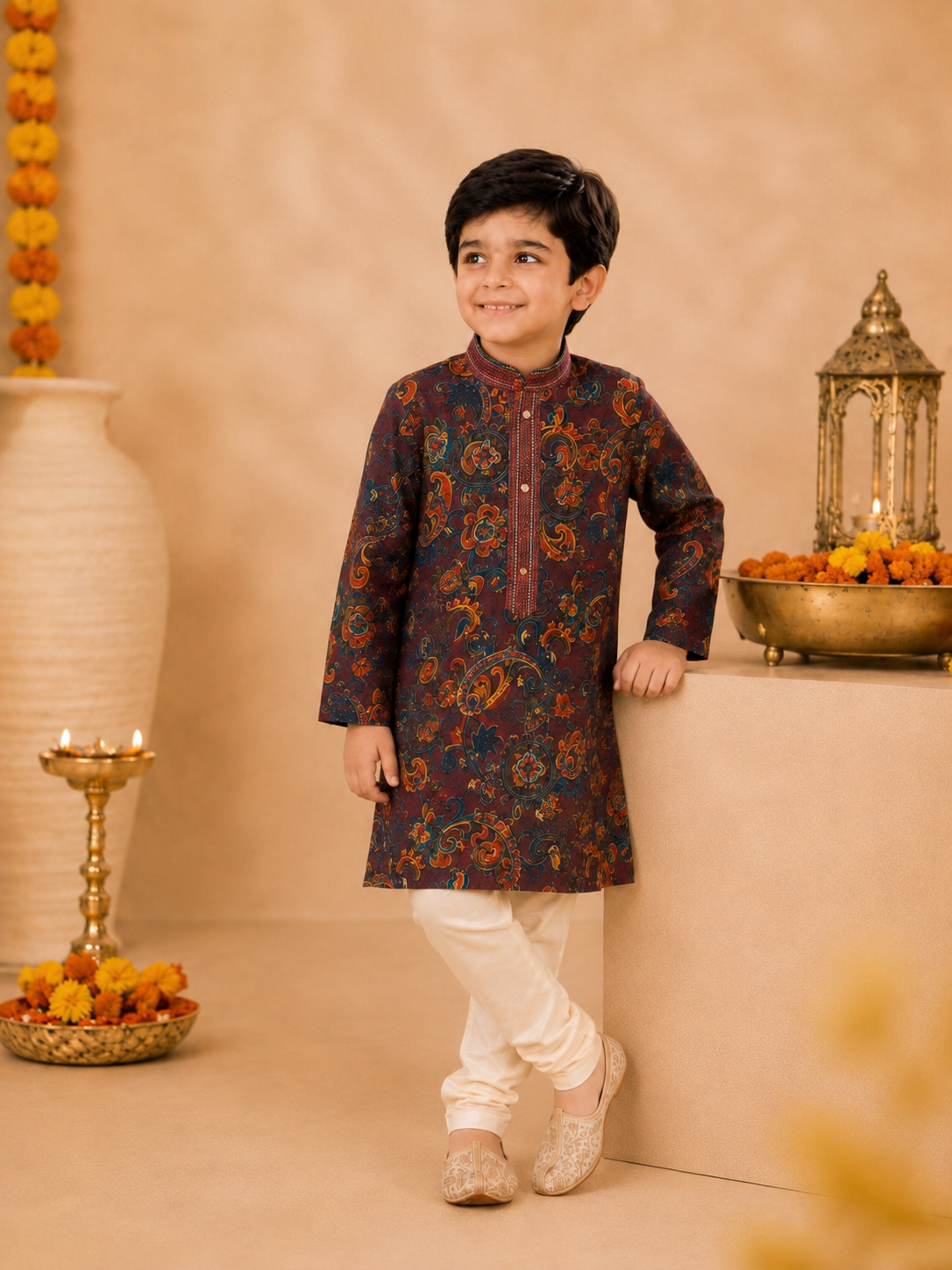 Deep Maroon Printed Kurta With Vibrant Paisley Motifs And Off-White Pyjama