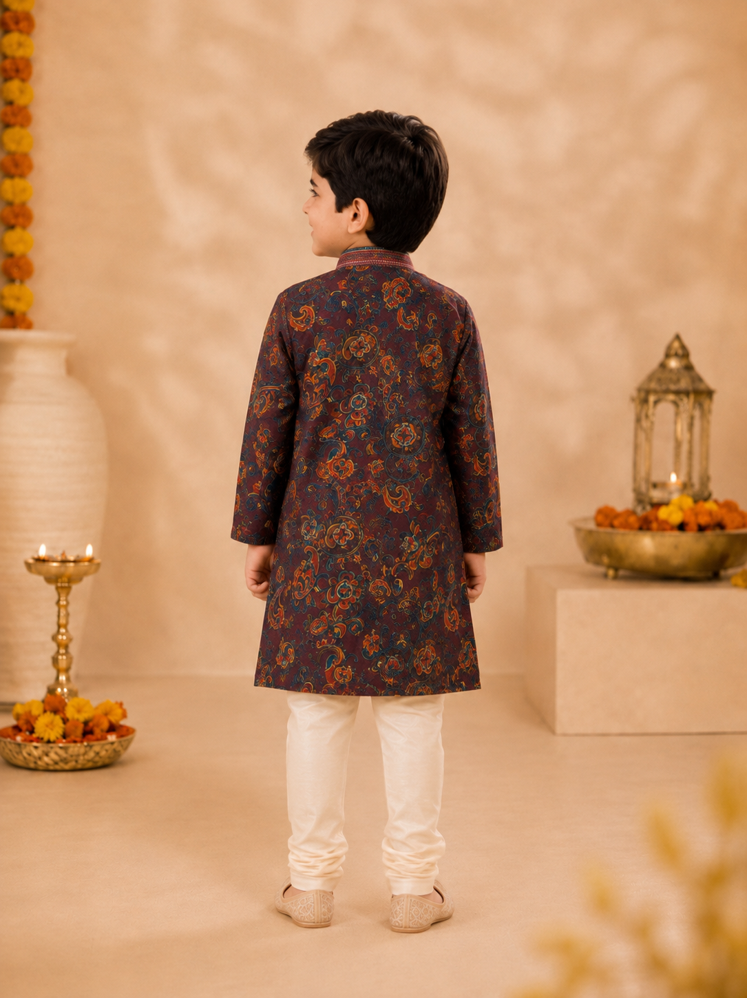 Deep Maroon Printed Kurta With Vibrant Paisley Motifs And Off-White Pyjama