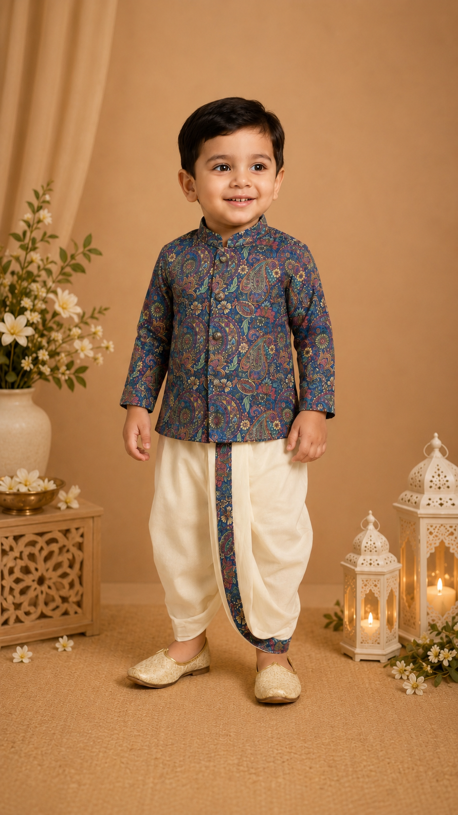 Blue Paisley Printed Kurta With Off-white Dhoti