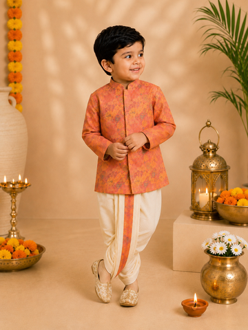 Orange Printed Kurta With Butter Yellow Dhoti