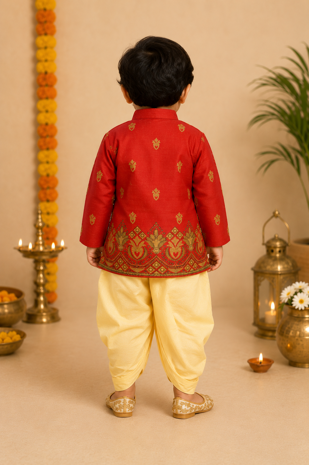 Red Printed Kurta With Butter Yellow Dhoti