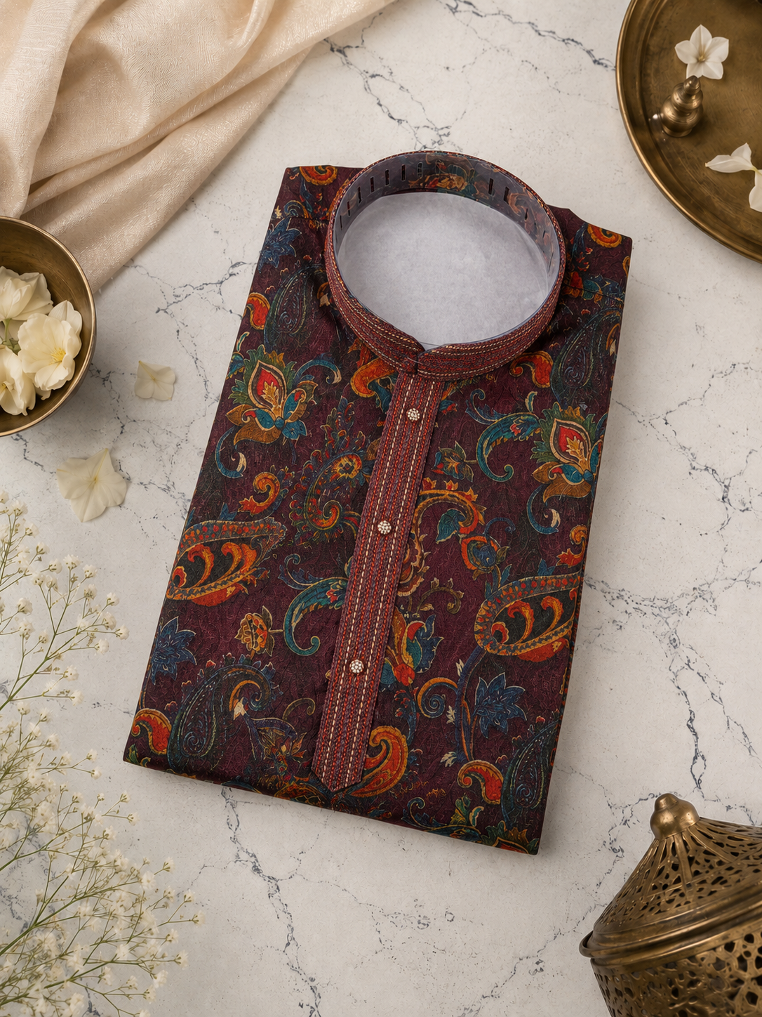 Deep Maroon Printed Kurta With Vibrant Paisley Motifs And Off-White Pyjama