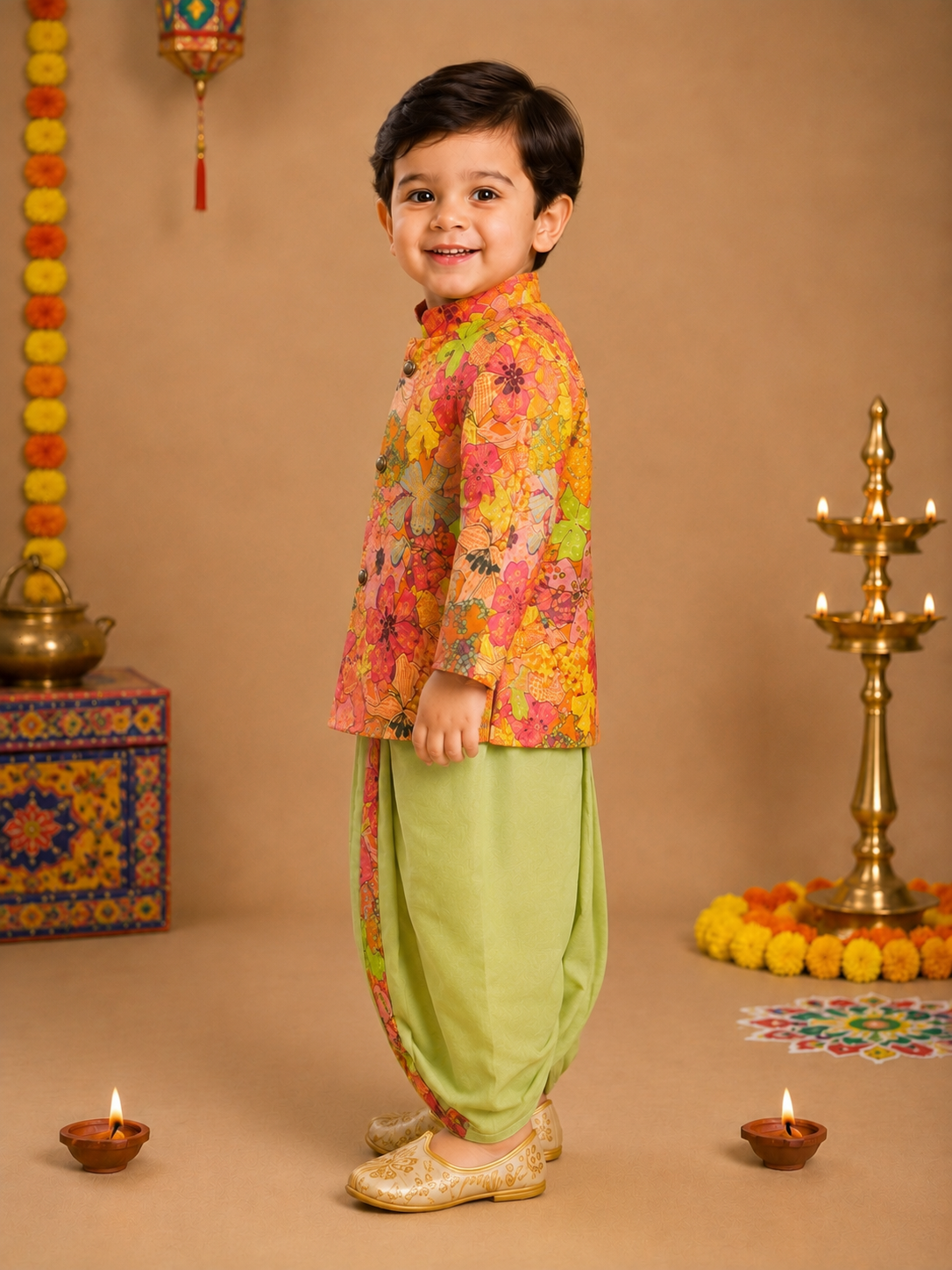 Multicolor Floral Printed Kurta With Pastel Green Dhoti