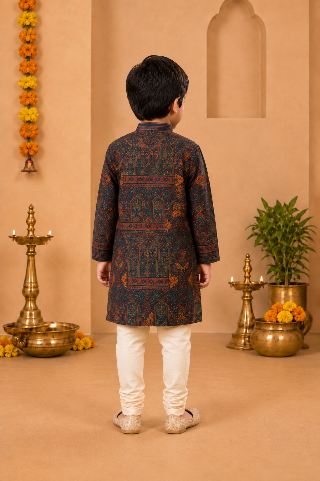 Deep Maroon Printed Kurta With Off-white Pyjama
