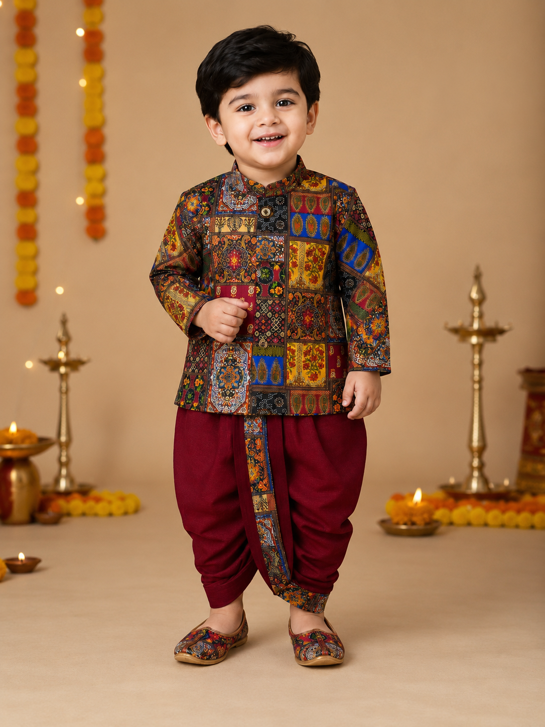 Multicolor Printed Kurta With Maroon Dhoti