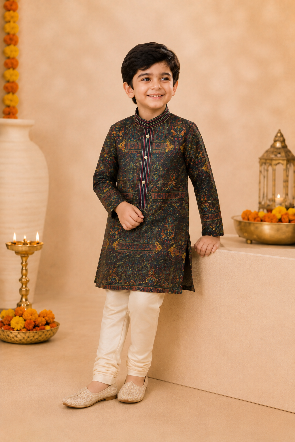 Deep Olive Printed Kurta With Off-white Pyjama