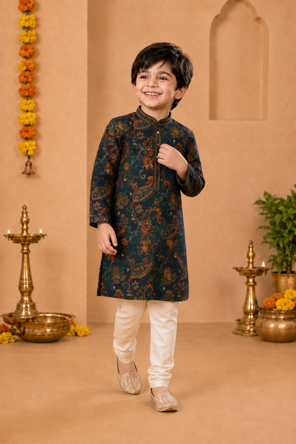 Teal Green Printed Kurta With Vibrant Paisley Motifs And Off-white Pyjama