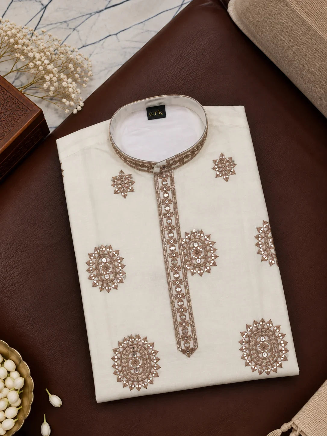 Ivory Kurta With Taupe Embroidery And Off-white Pyjama