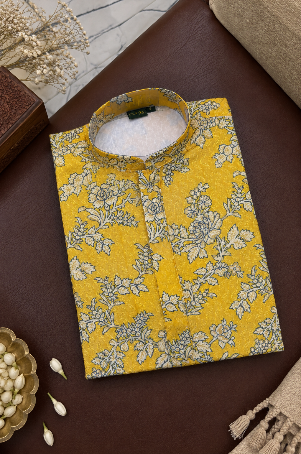Mustard Yellow Floral Printed Kurta With Off-white Pyjama
