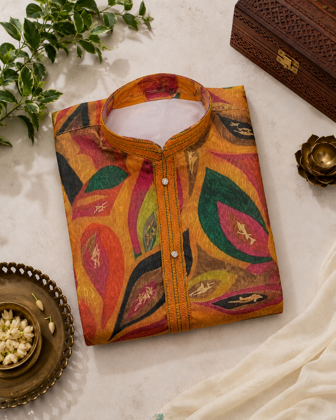Multicoloured Printed Kurta With Off-white Pyjama