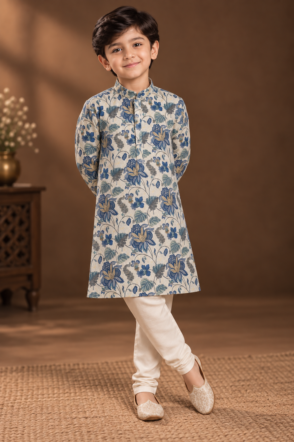 Ivory & Blue Floral Printed Kurta With Off-white Pyjama