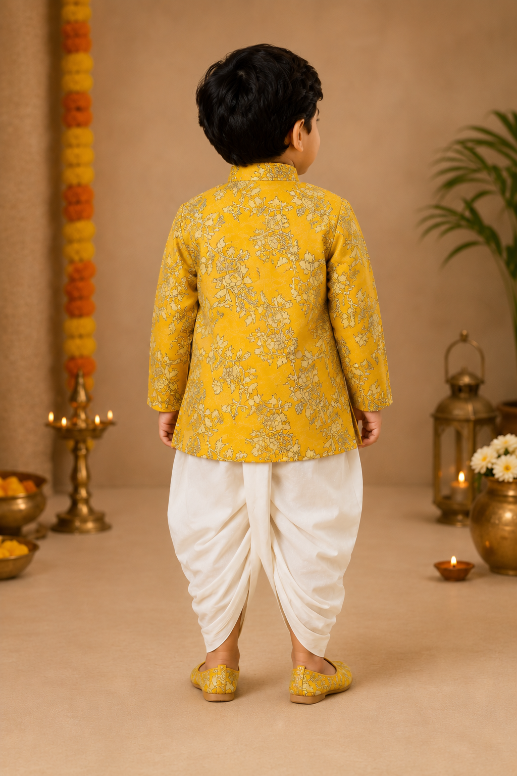 Yellow Printed Kurta With Off-white Dhoti