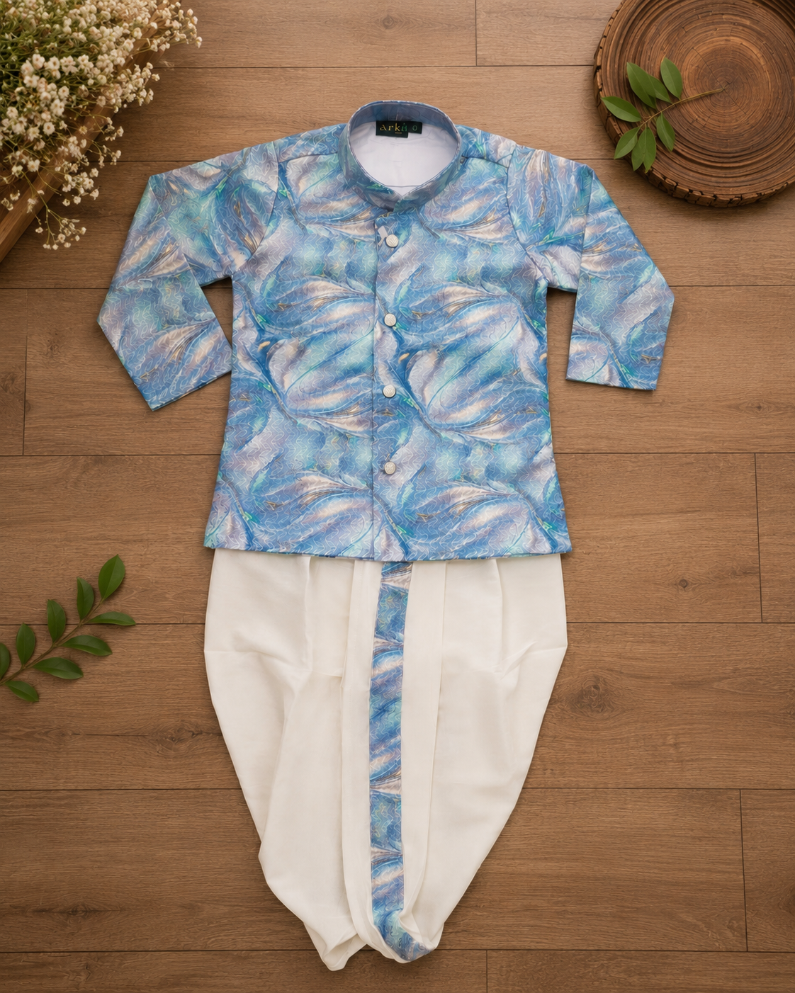 Sky Blue Printed Kurta With Off-white Dhoti