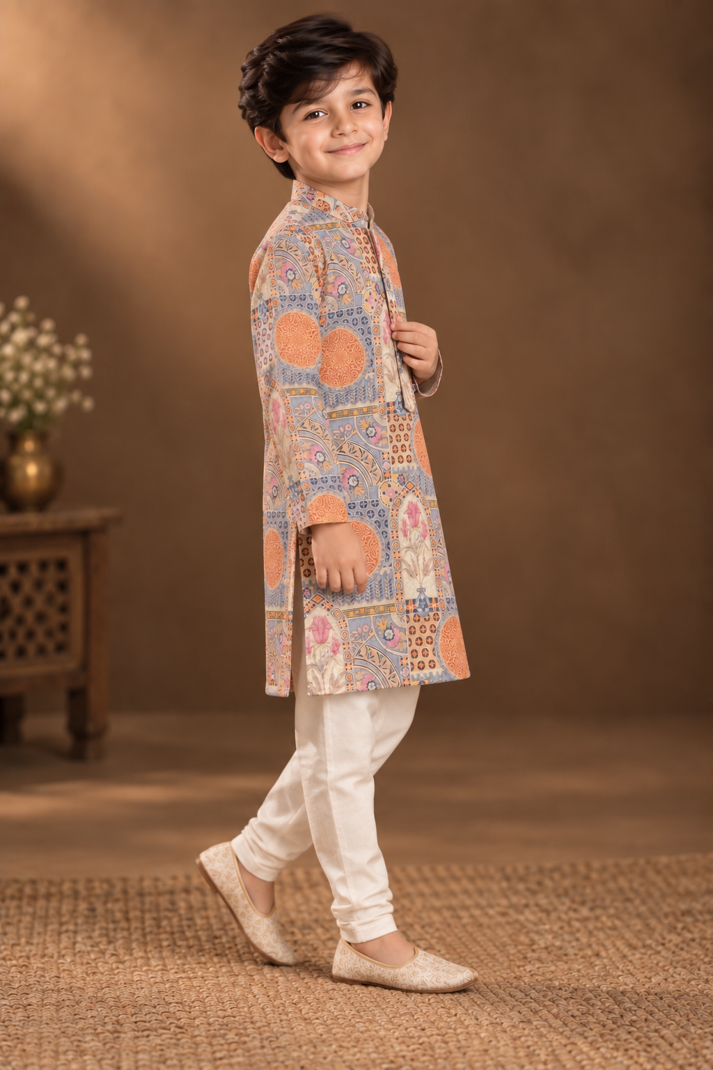 Dusty Blue And Peach Printed Kurta With Off-white Pyjama