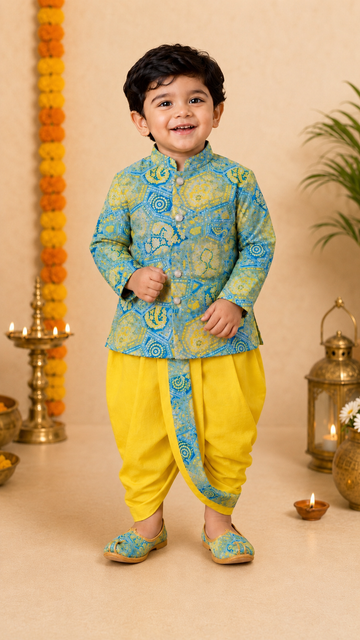 Blue And Yellow Printed Kurta With Lemon Yellow Dhoti