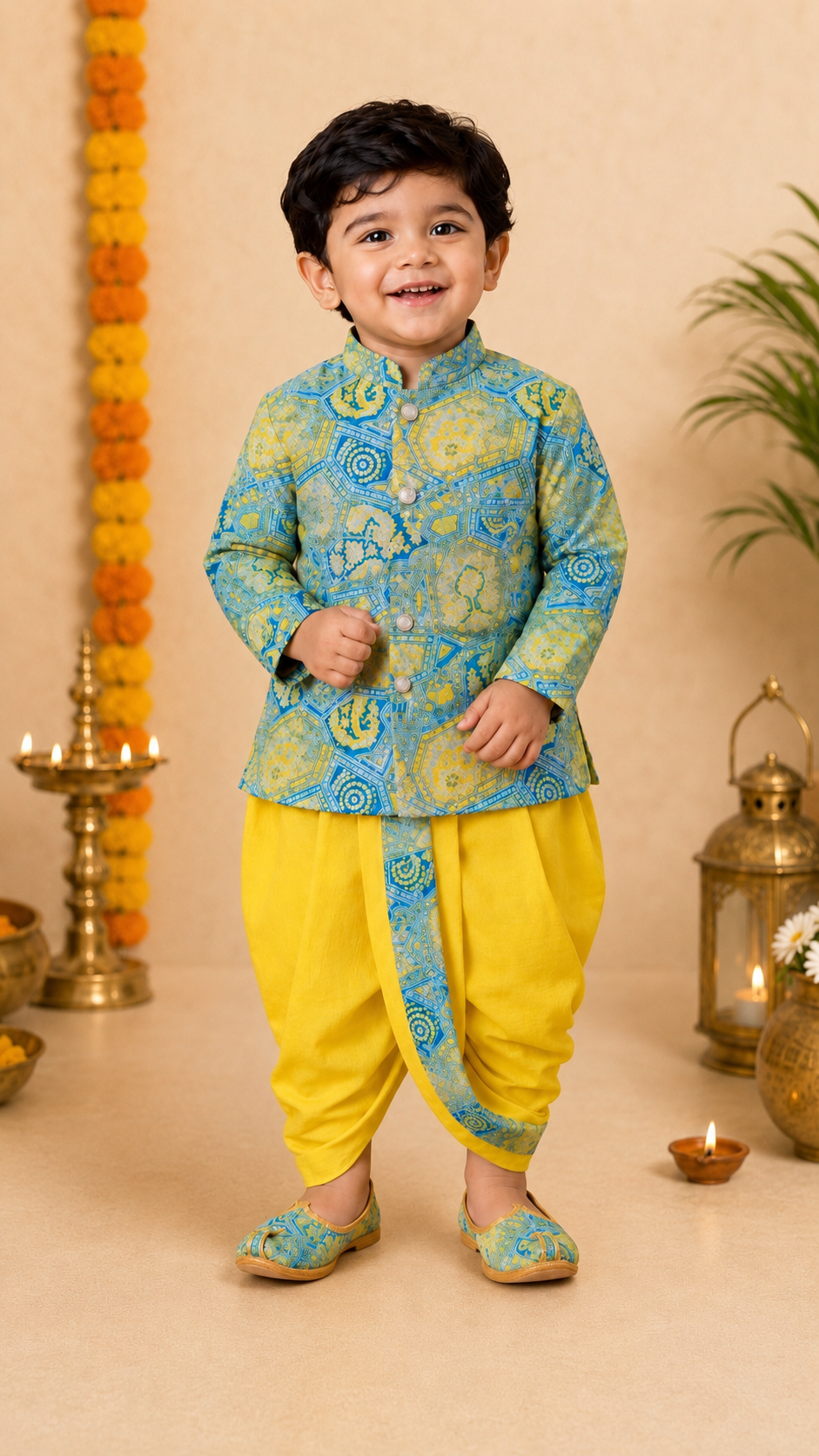 Blue And Yellow Printed Kurta With Lemon Yellow Dhoti