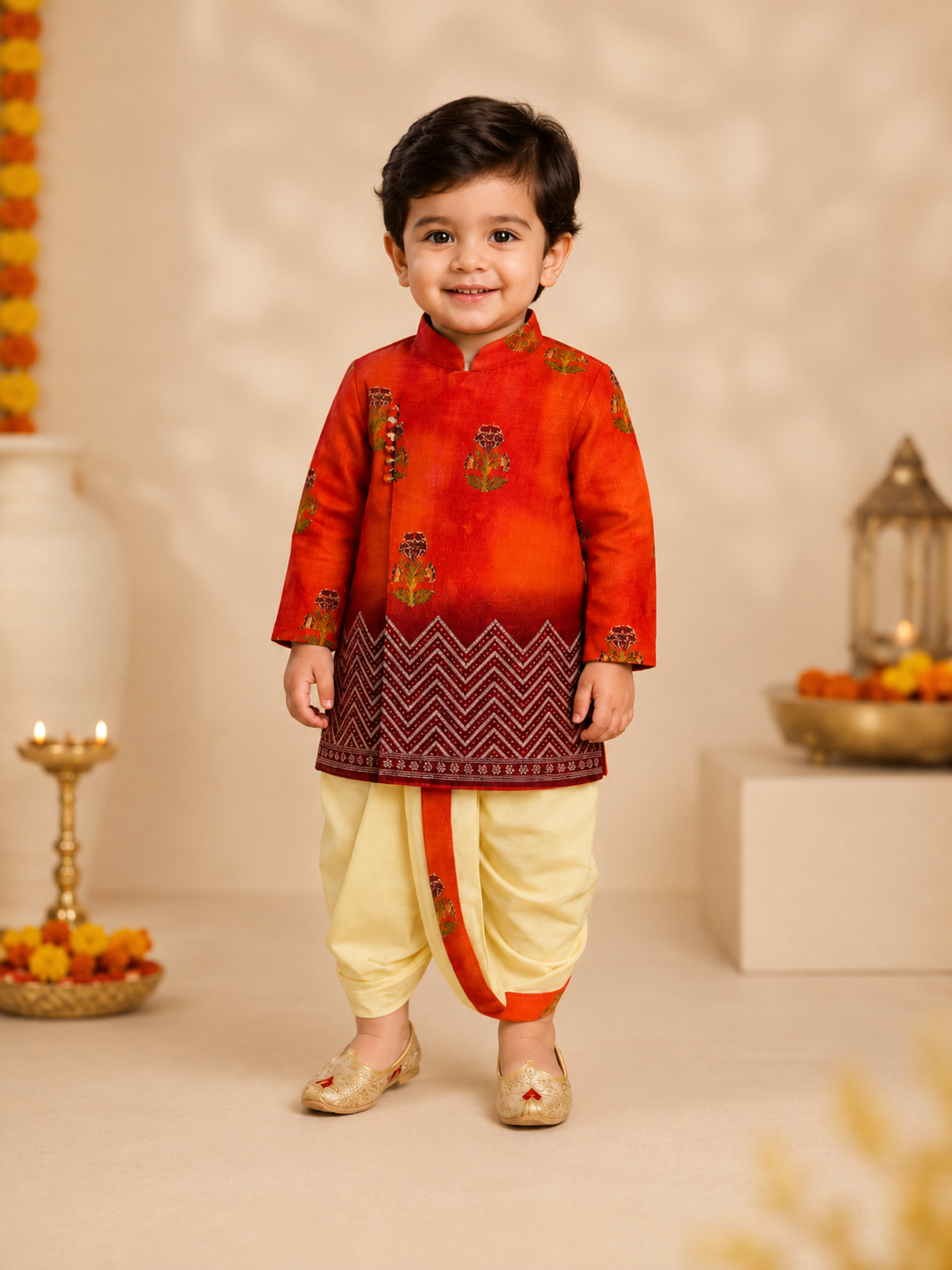 Vermilion Printed Kurta With Butter Yellow Dhoti