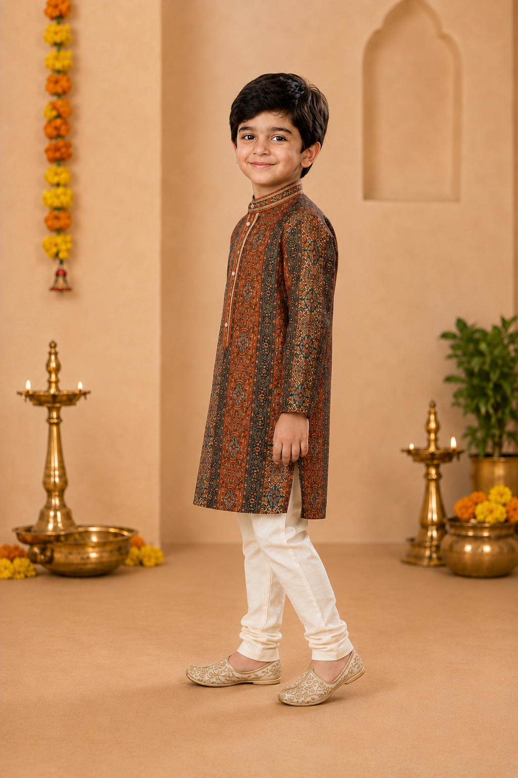 Burnt Orange Printed Kurta With Off-white Pyjama