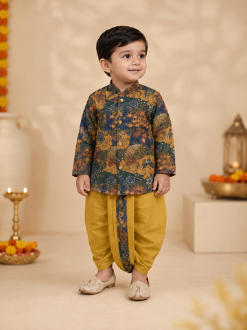 Multicolor Floral Printed Kurta With Mustard Dhoti