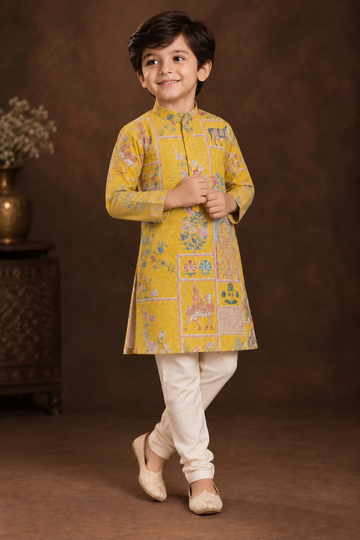 Golden Ochre Printed Kurta With Off-white Pyjama
