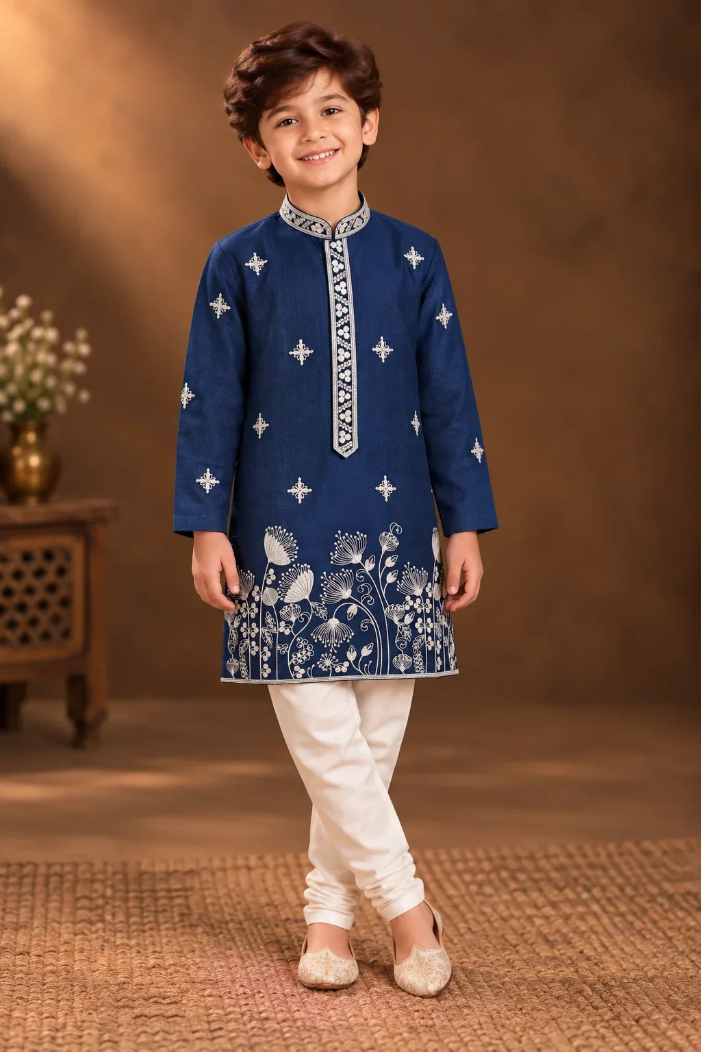 Dark Blue Kurta With White Floral Embroidery And Off-white Pyjama
