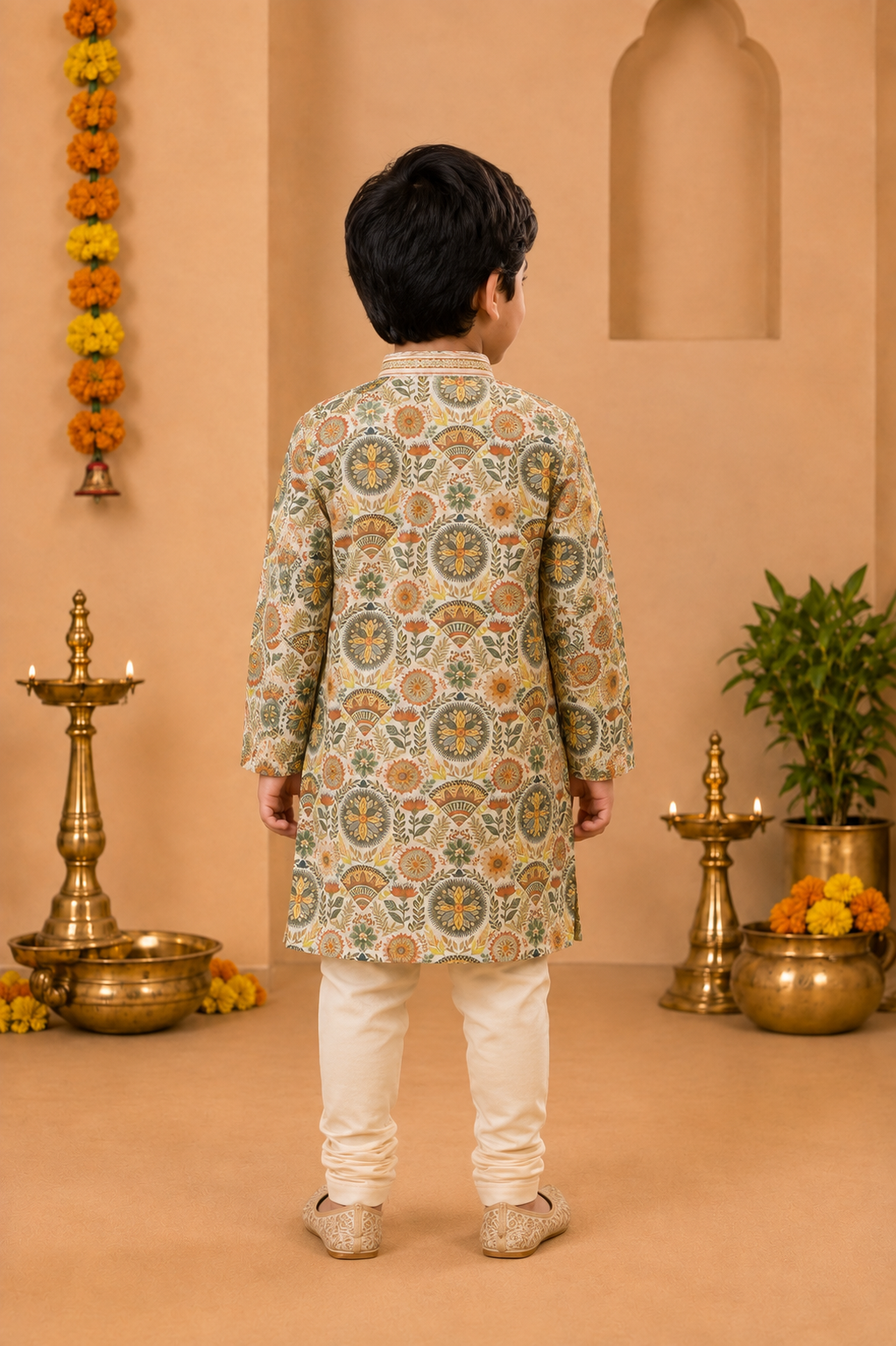 Ivory Kurta With Sage Green And Rust Floral Print And Off-white Pyjama