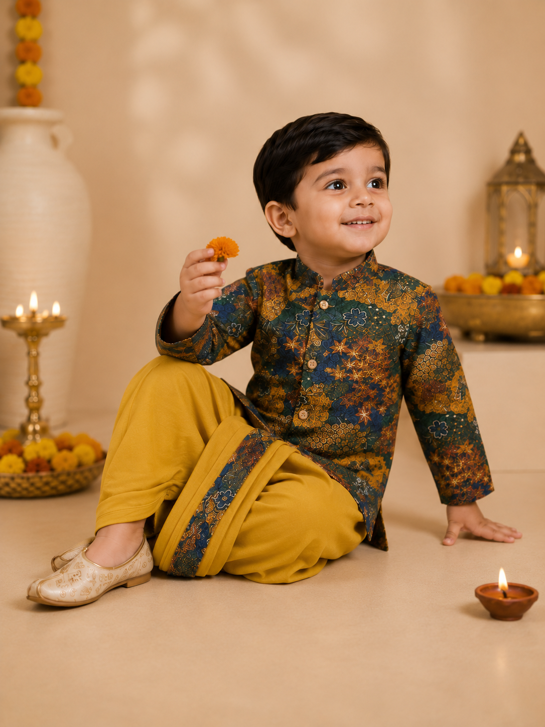 Multicolor Floral Printed Kurta With Mustard Dhoti