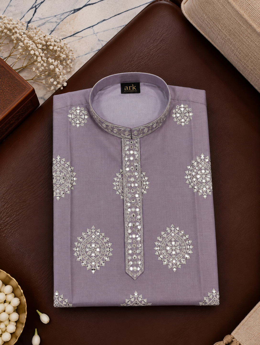 Dusty Lavender Kurta With Silver Geometric Embroidery And Off-white Pyjama