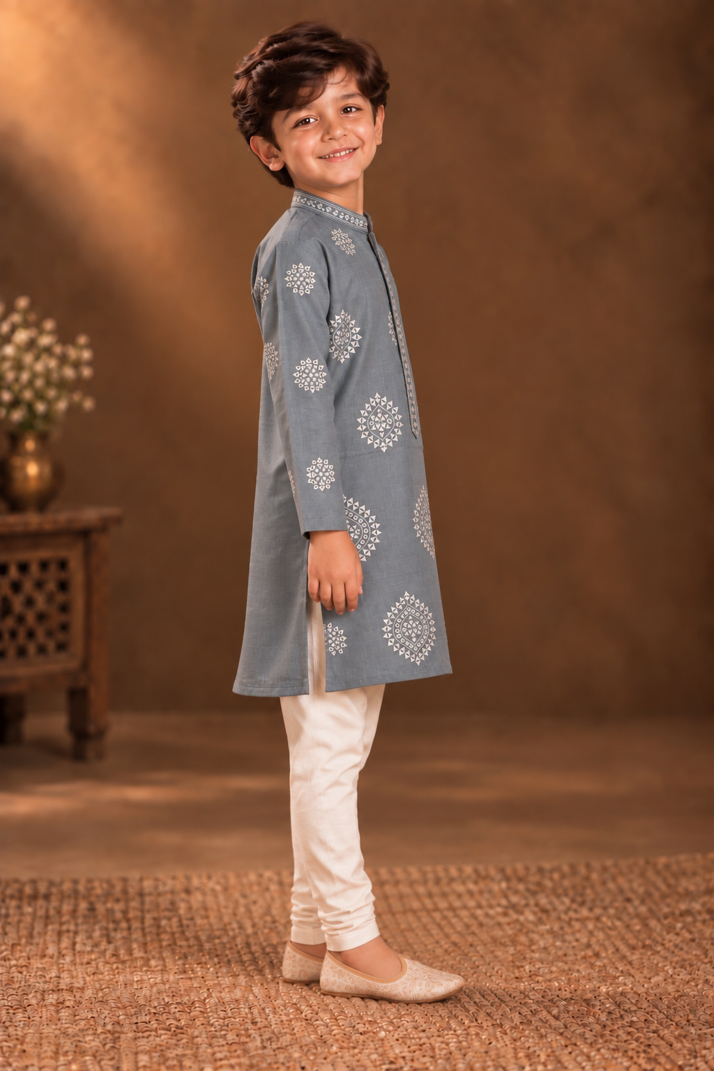 Dusty Blue Kurta With Silver Geometric Embroidery And Off-white Pyjama