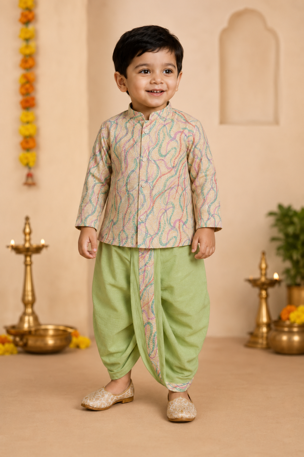 Cream Printed Kurta With Pastel Green Dhoti