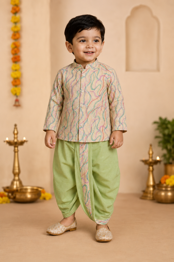 Cream Printed Kurta With Pastel Green Dhoti