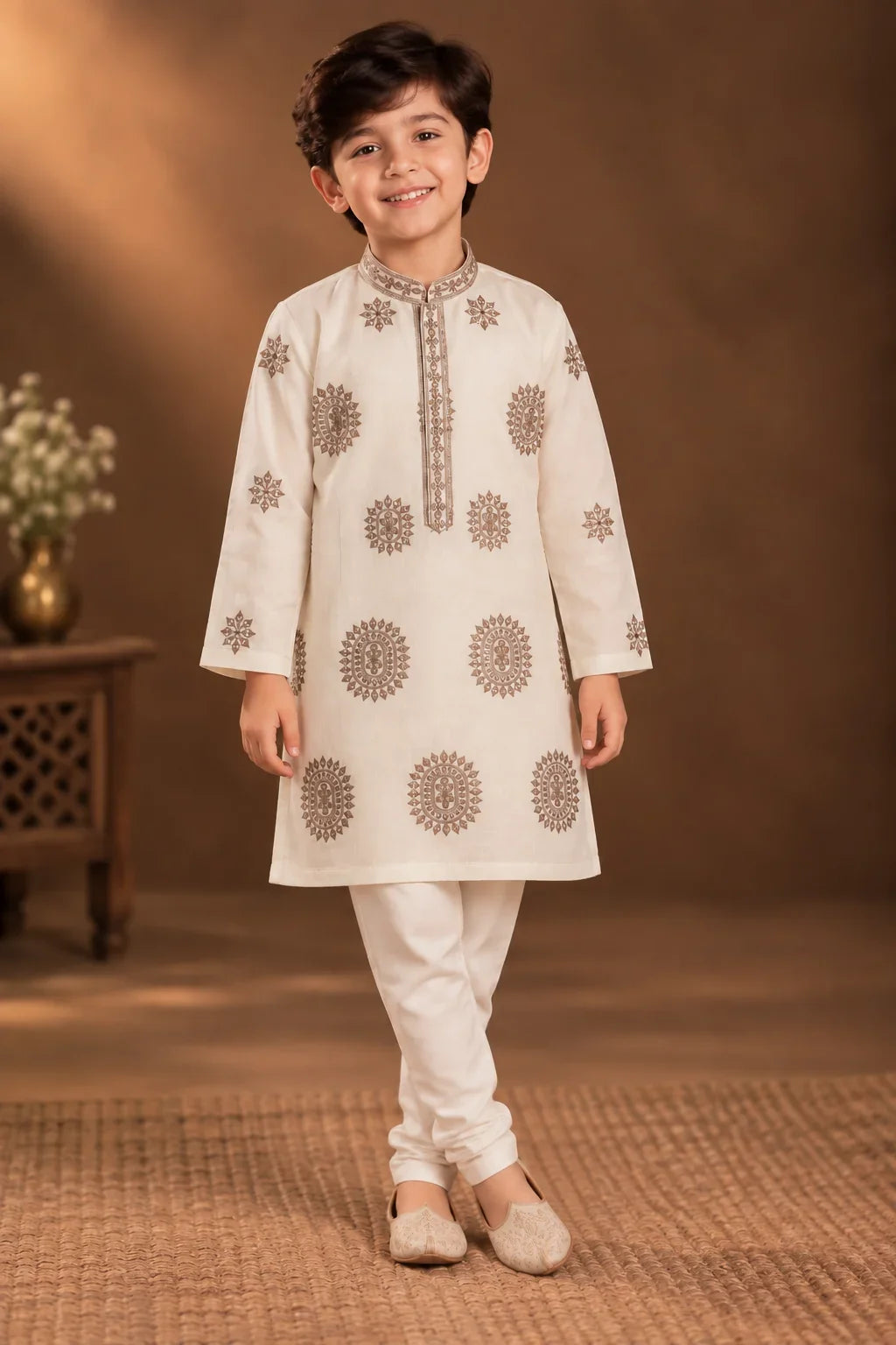 Ivory Kurta With Taupe Embroidery And Off-white Pyjama
