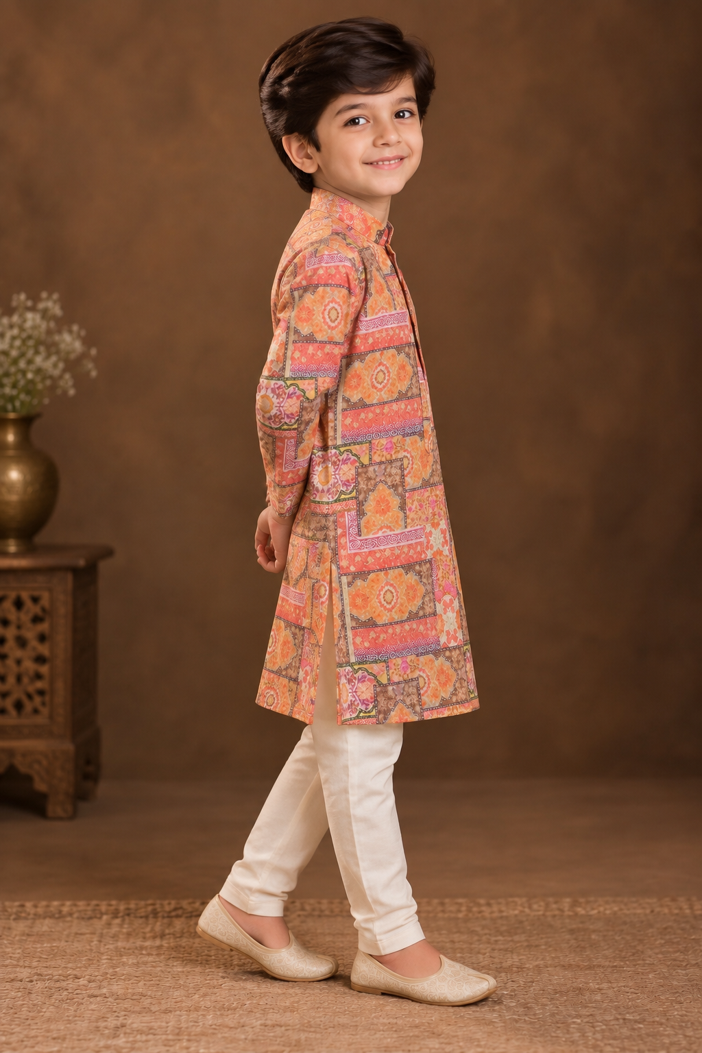 Peach & Coral Multicolour Geometric Printed Kurta With Off-white Pyjama