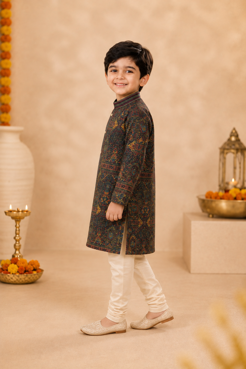 Deep Olive Printed Kurta With Off-white Pyjama