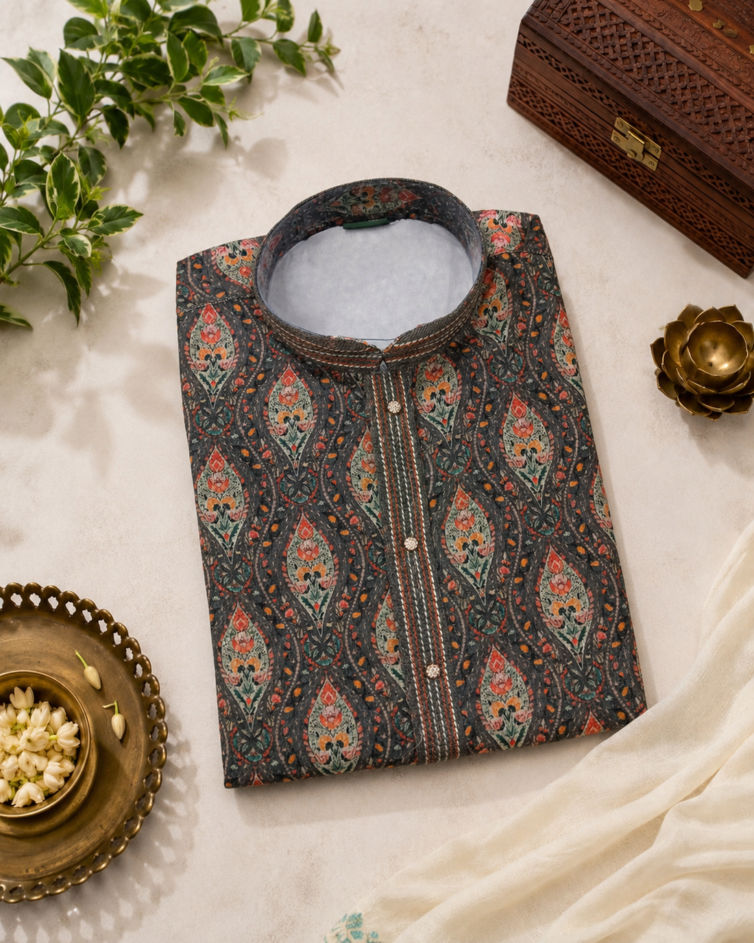 Charcoal Grey Printed Kurta With Off-white Pyjama
