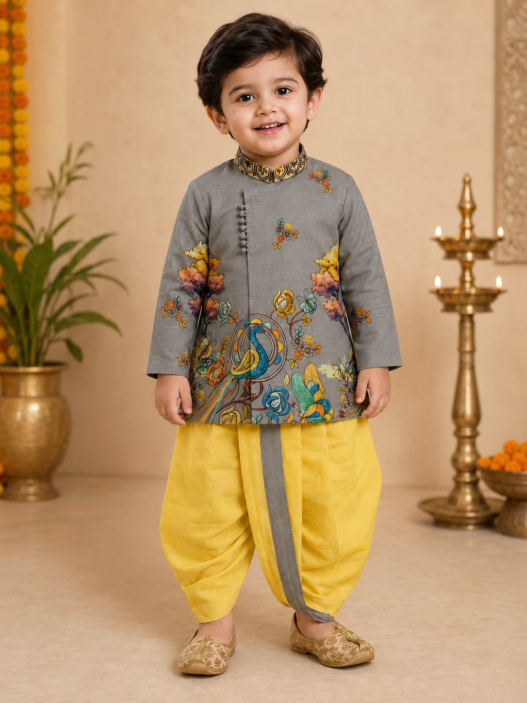 Grey Printed Kurta With Yellow Dhoti